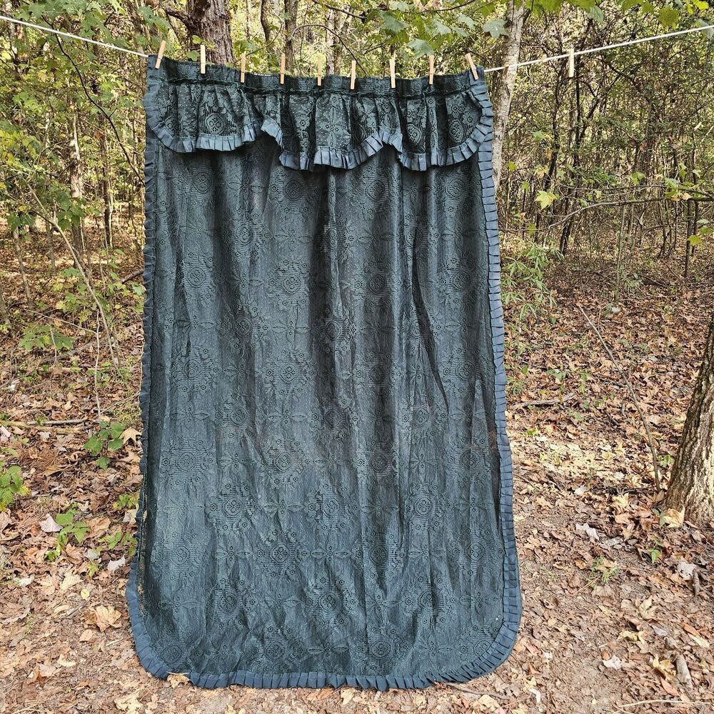 Dark Green Victorian Curtain Panel with Lace Overlay & Ruffles 4ft x 6ft